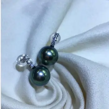 

free shipping>>>>noble jewelry stunning AAA round 10-11mm Tahitian black green pearl earring 14k
