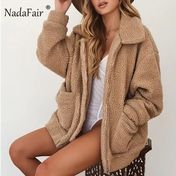 

Nadafair Women Faux Fur Teddy Coat 2018 Lambswool Pocket Autumn Fluffy Fur Coat Plus Size Winter Turn Down Plush Jakcet Female