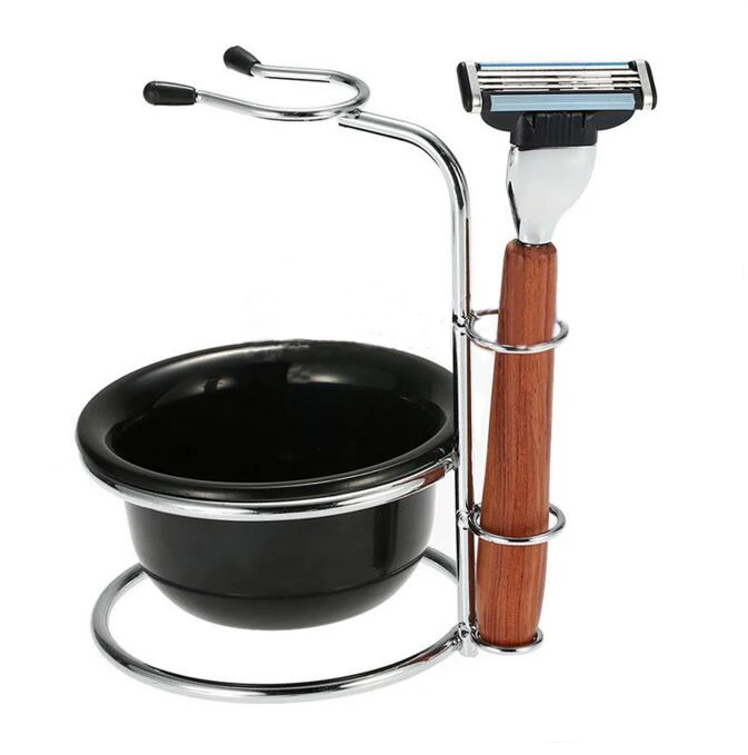 

3ps/set Man Beard Safety Shaving Razor with 3-layer Blades Brush Stand Holder Acrylic Bowl
