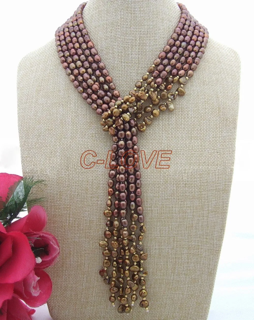 

51" 3 Strands Brown Rice Keshi Freshwater Pearl Necklace