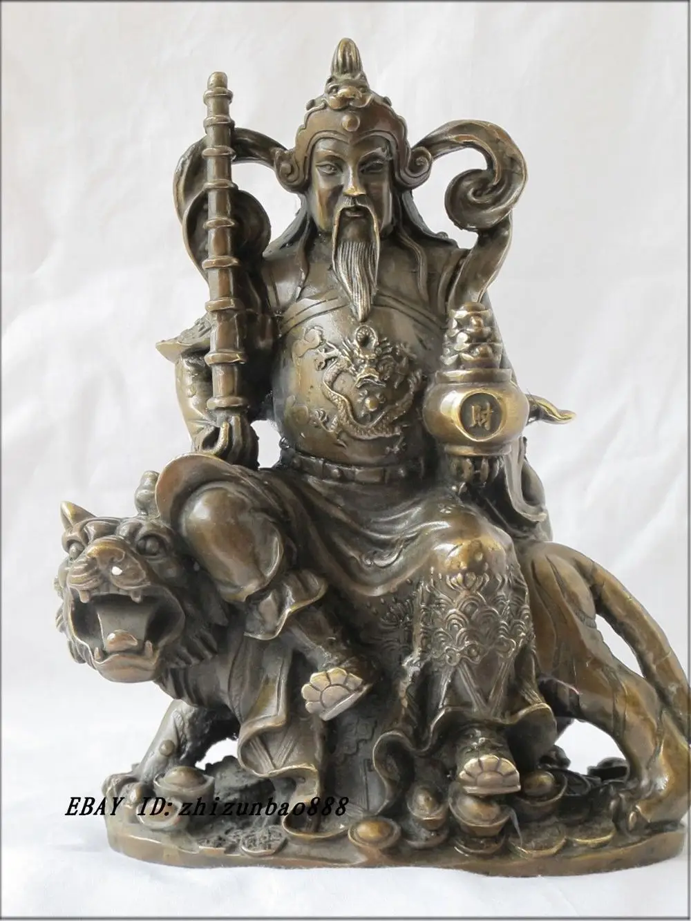 

12"China Classical Bronze carve Dragon Zhao Gong Ming Ride Tiger wealth Statue