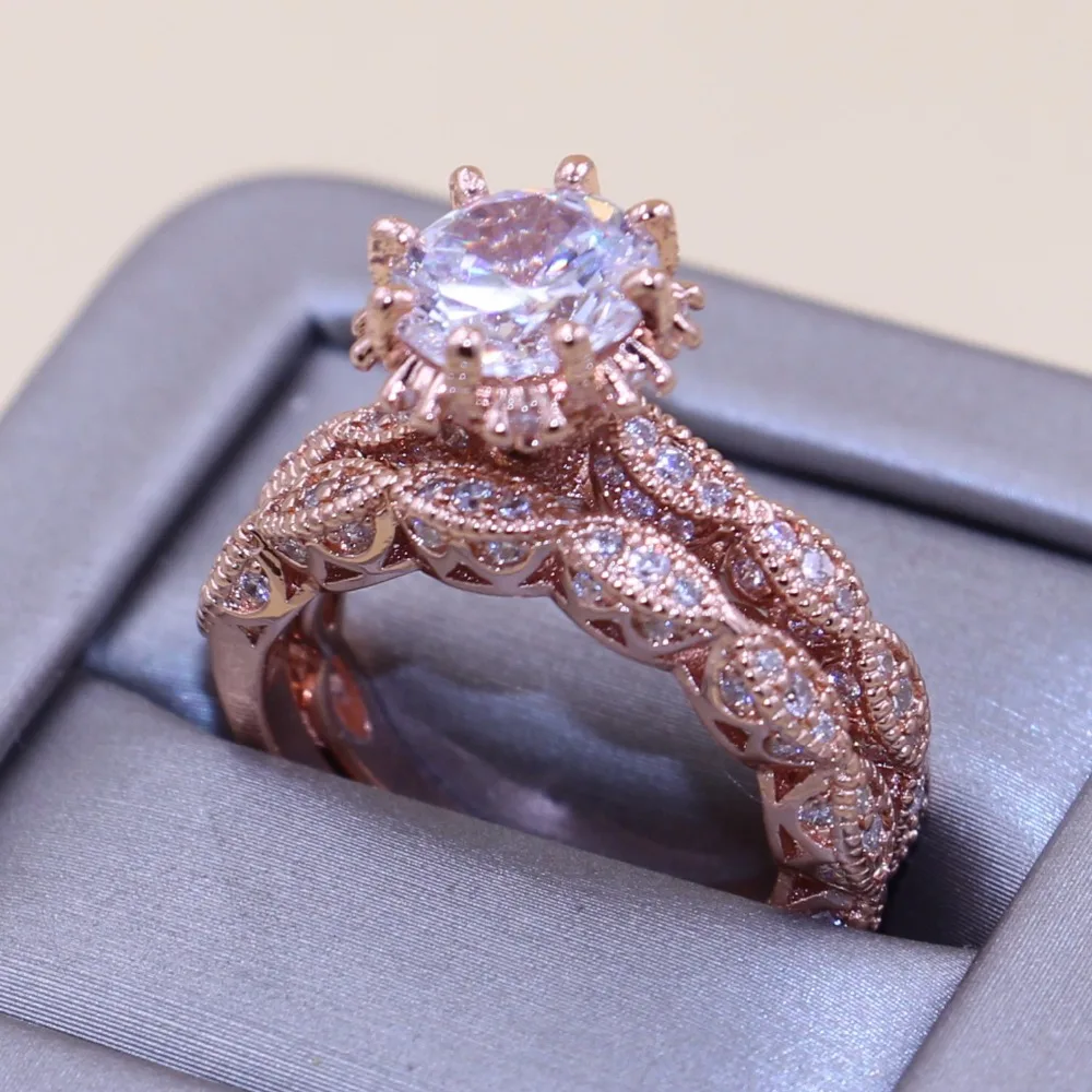 Size5-10 Enternity Couple Rings Luxury Jewelry 925 Sterling Silver&Rose Gold Round Cut 5A Zirconia Party Wedding Bridal Ring Set