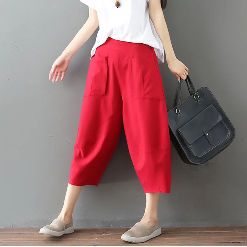#0656 Summer Casual Cotton Linen Wide Leg Pants Women Front Pockets Elastic Waist Calf-length Plus Size Harem Pants Female Loose #0656 Summer Casual Cotton Linen Wide Leg Pants Women Front Pockets Elastic Waist Calf-length Plus Size Harem Pants Female Loose