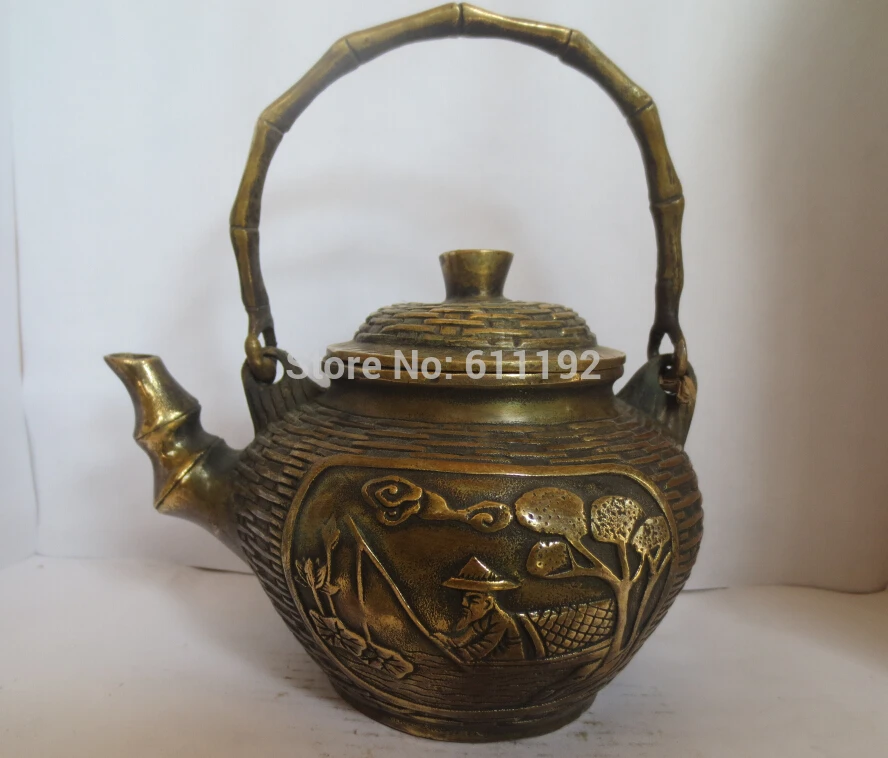 

Asian folk art collectable Home decor Teapot,Hand Carved bamboo Wine Pot metal crafts