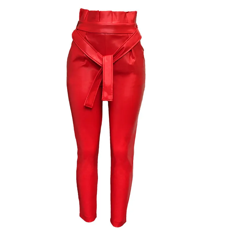 Женские Новые узкие брюки из искусственной кожи с высокой талией и оборками, модные красные черные брюки - Цвет: Красный