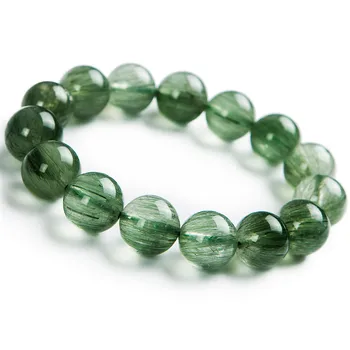 

Brazil Natural Green Rutilated Quartz Crystal Bracelet Women Mens Charm Stretch Clear Round Bead Bracelet 14mm