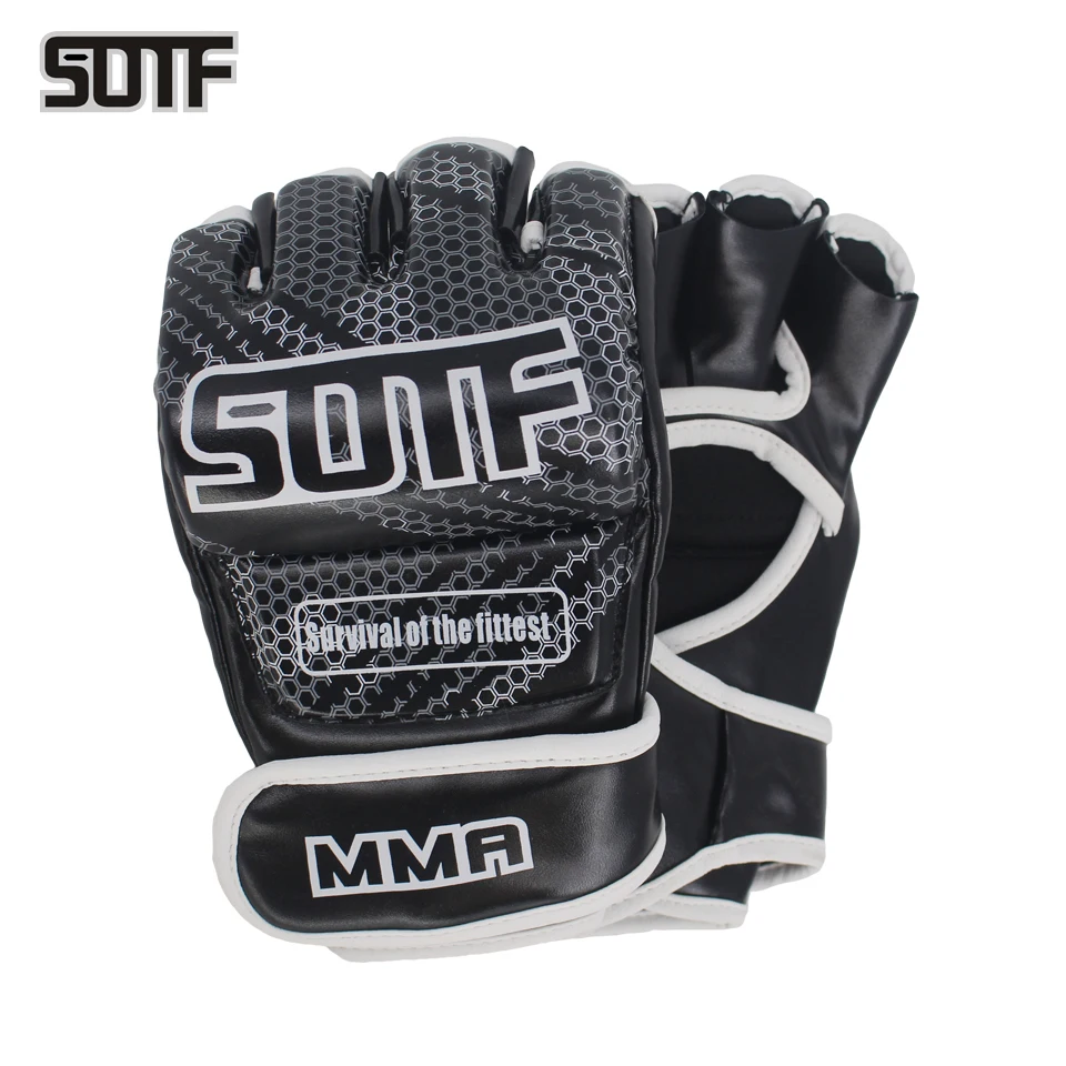 MMA Gloves Men Grappling Martial Arts Sparring black Punching Bag Cage Fighting Leather Mitts on