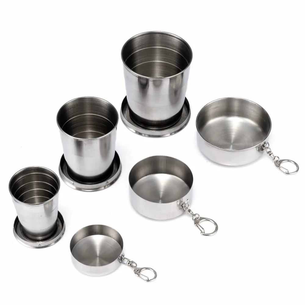 

1Pcs 75/150/250ml Portable Outdoor Stainless Steel Folding Cup Collapsible Camping Cup For Travel Camping Hiking With Keychain