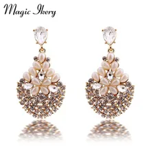 Magic Ikery Luxury Vintage Bossom Crystal Opal Flower Big Earrings with Jewelry Box Gold Color Imported for Women MKY2644
