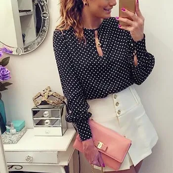 

New Arrival Shirt Tops Casual O-Neck Hollow Long Sleeves Blouses 2019 Spring Summer Chiffon Dots Shirt Blusas Mujer