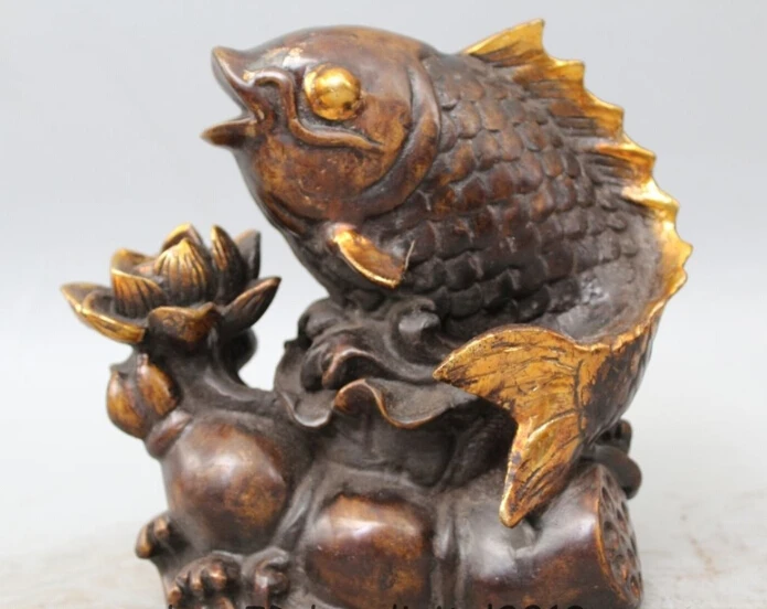 

free 9" Chinese Bronze Gild Folk lotus flower root Fish barracuda Statue sculpture fast