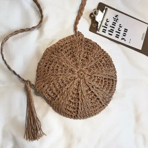 Women Crossbody Tassel Bag Fashion Female Round Circular Rattan Shoulder Bag Handmade Straw Woven Beach Embroidery Handbag