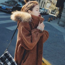 Corduroy Wool Fur Collar Jacket Plus Velvet Thickening Coat 2019 Women Winter Fashion Loose Wadded Hooded Parkas Outerwear Ls12 2018 girls fashion plaid thickening fur collar wool coat jacket