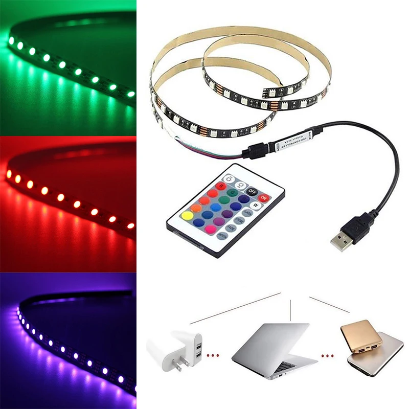 IKVVT 1-5m DC 5V 5050 RGB SMD 60LEDs Strip Light USB with 24 Keys Remote Control