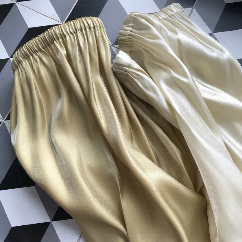 Womens clothing Summer 2019 new Korean womens pants version high quality satin drape smooth high waist wide leg pants loose Womens clothing Summer 2019 new Korean womens pants version high quality satin drape smooth high waist wide leg pants loose