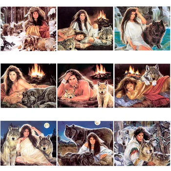 

5D DIY Full Square/Round Drill Diamond Painting" Indian Woman & Wolf Animal " 3D Cross stitch embroidery Mosaic home decor gift