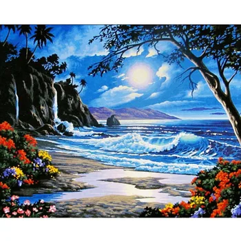

DIY Beach and Moon Landscape Oil Painting By Numbers 3D Pictures Linen Canvas Painting For Living Room Wall Art Home Decor
