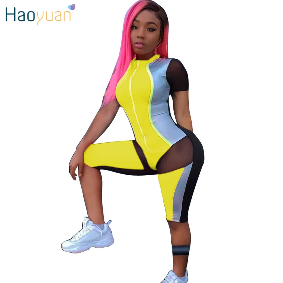 

HAOYUAN Mesh Spliced Sheer Sexy Playsuit Bodycon Women Body Summer Overalls One Piece Outfit Plus Size Shorts Rompers Jumpsuit