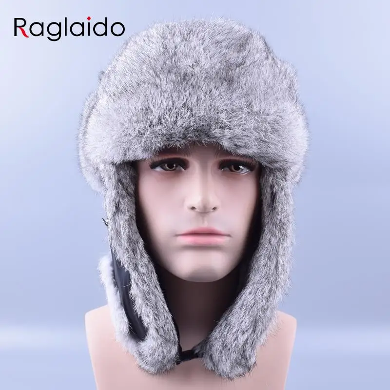 Raglaido шапка-бомбер из меха кролика Рекс, шапки-ушанки, толстые теплые зимние шапки для снега, русская Мужская меховая шапка, ушные колпачки закрылков, ушанка LQ11180