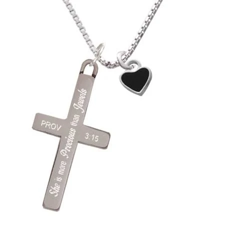Mini Two Sided Black Heart - She is More Precious - Cross Necklace (1)