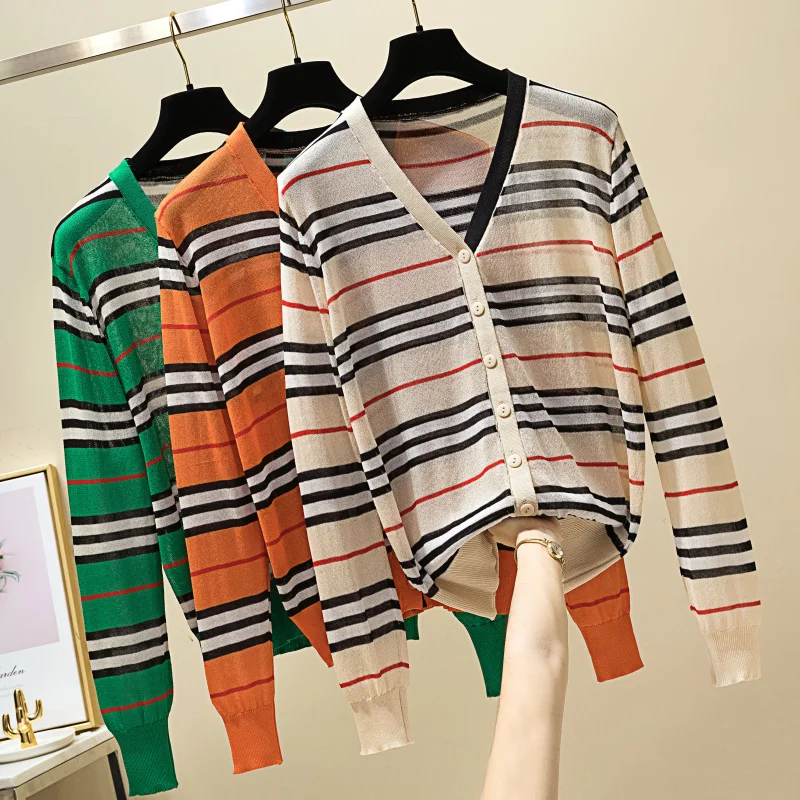 

Real Photos Women Patchwork V-Neck Knitted Casual Striped Sweaters Cardigans Girls Single Breasted Thin Outwear for Female GT603