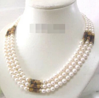 

zj 00046 3 Rows Genuine White Pearl Tigereye Opal 18KGP Crystal Clasp Necklace