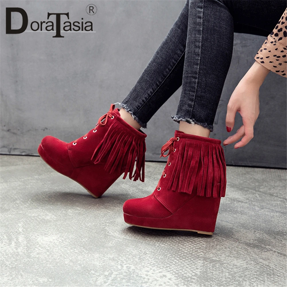 

DORATASIA Brand New Plus Size 34-45 Ladies Wedges High Heels Fringe Shoes Woman Casual Party Ol Autumn Winter Ankle Boots Women