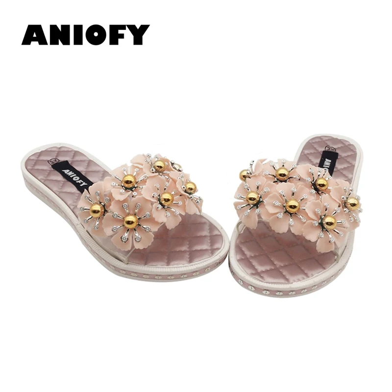 

Aniofy Fashional Slipper with Crystal Flower for women Female Comfortable rhombus pattern Beach Shoes Ladies' Sweet Flat Slipper