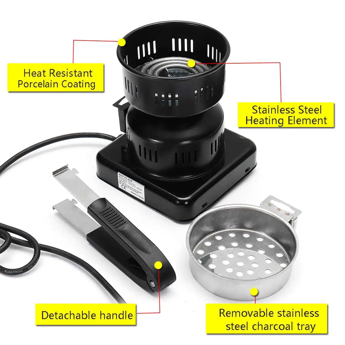Электрическая горелка для кальяна и угля, 650 Вт, 220 В, 50-60 Гц, штепсельная вилка европейского стандарта, съемная ручка, Черная Нержавеющая Сталь