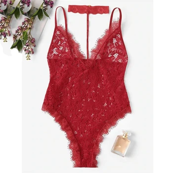 

Women's Sexy Lingerie Erotic Eyelash Floral Lace Teddy Bodysuit With Choker Backless V-neck Perspective Temptation Underwear A20