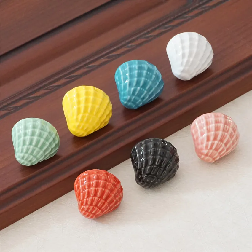 Cute Shell Knobs Ceramic Drawer Knob Pulls Blue Green White Kids