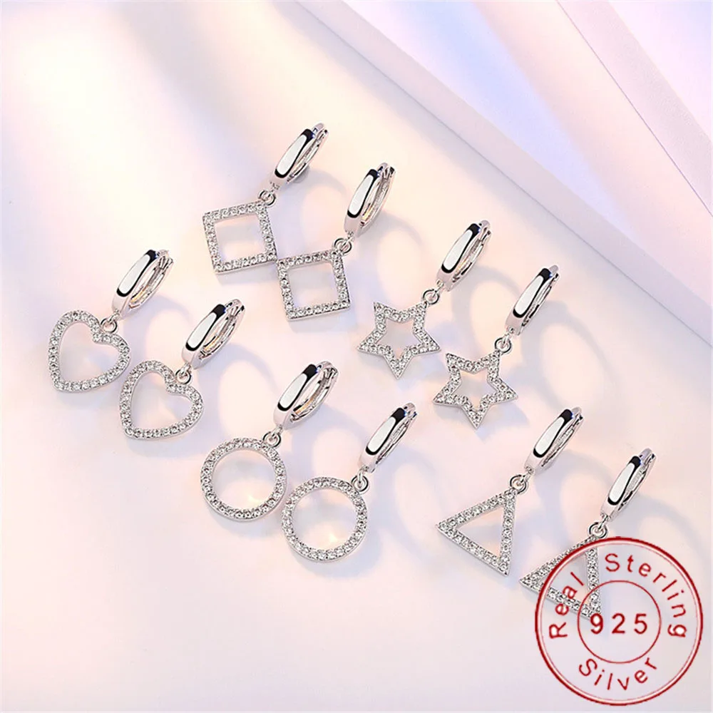 

Minimalist Small Geometric 925 Silver Square Round Triangle Earrings Hoop Simple Hollow Heart Star Earnings Hanging SE055
