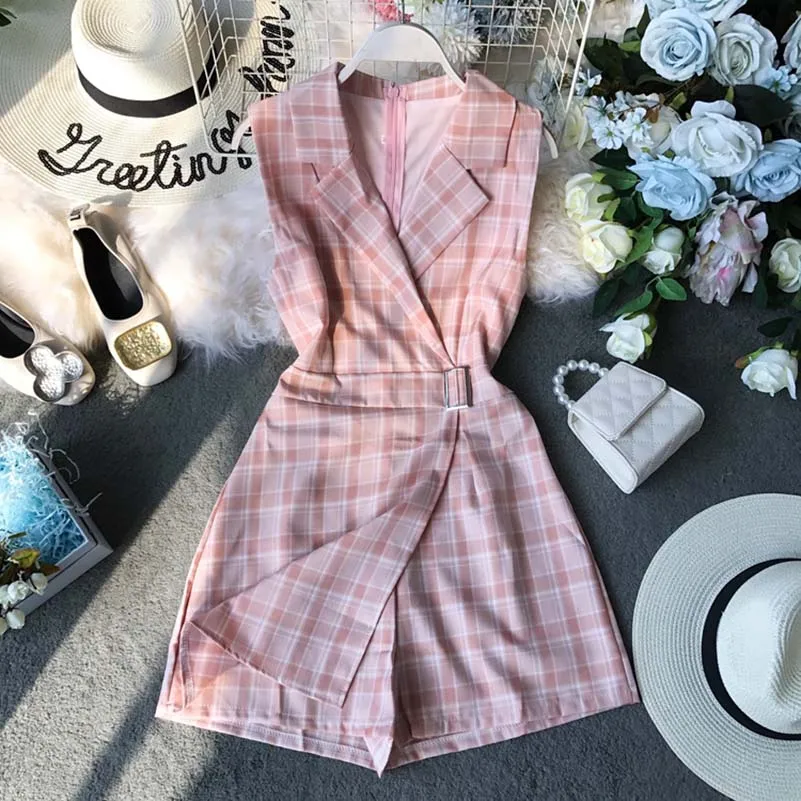 Summer Casual Plaid Romper Women Playsuit Chic Jumpsuits Sleeveless Bodysuit V-Neck Overalls For Women Combinaison Femme Summer Casual Plaid Romper Women Playsuit Chic Jumpsuits Sleeveless Bodysuit V-Neck Overalls For Women Combinaison Femme