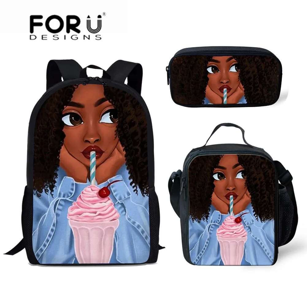 

FORUDESIGNS Backpack Women Black Afro Lady Girl Printing Shoulder Backpacks for Kids 3pcs/set School Bagpack Children Preppy Bag