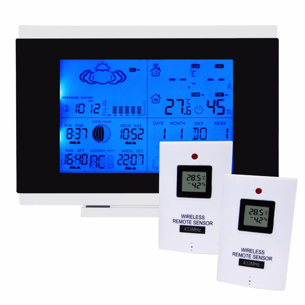 

Indoor Outdoor Wireless Weather Station Temperature Humidity Remote Sensor Date Radio Controlled Clock RCC DST F/C w/ 2 sensors