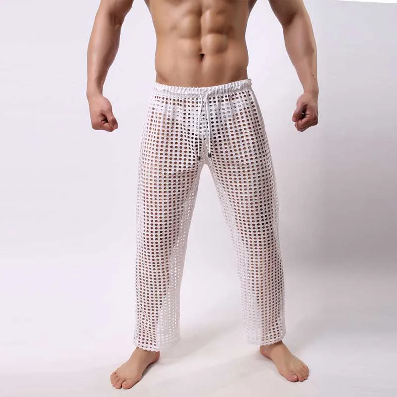 

Men's Sleep Lounge Sleep Bottoms Sexy Mesh Transparency Leisure wear Hollow Out Pyjama Trousers Waistband Homewear Gay Club Wear
