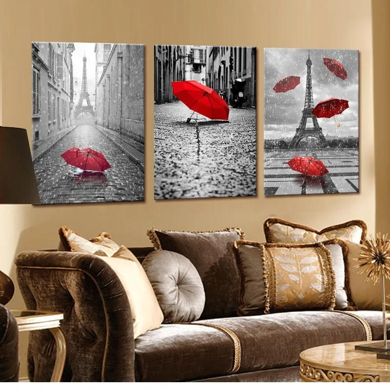 Фотообои черно белая Эйфелева башня с красным зонтом на Париже|printed canvas|black arteiffel