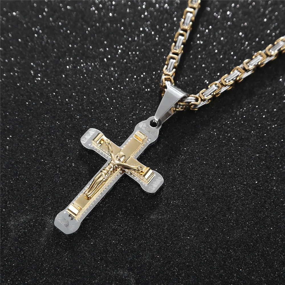 Jesus Mens Chain silver/Gold Tone Link chain Stainless Steel Cross PENDANT NECKLACE 24''