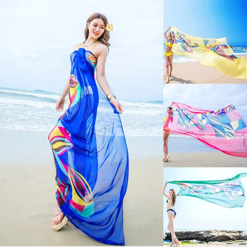 140x190 см парео-шарф женские пляжные саронги Летние шифоновые шарфы геометрический дизайн
