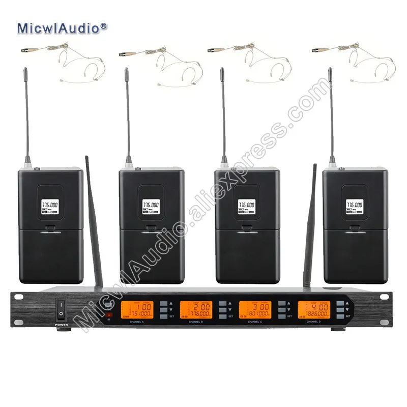 المهنية UHF 4 قناة الرقمية ميكروفون لاسلكي نظام استقبال مع 4 الارسال مجموعات ميكروفون D400 Micwl. الصوت