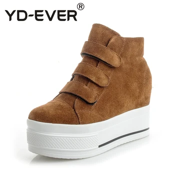 

YD-EVER suede genuine leather women boots platform height increasing wedge casual shoes winter autumn Ankle Boots sneakers