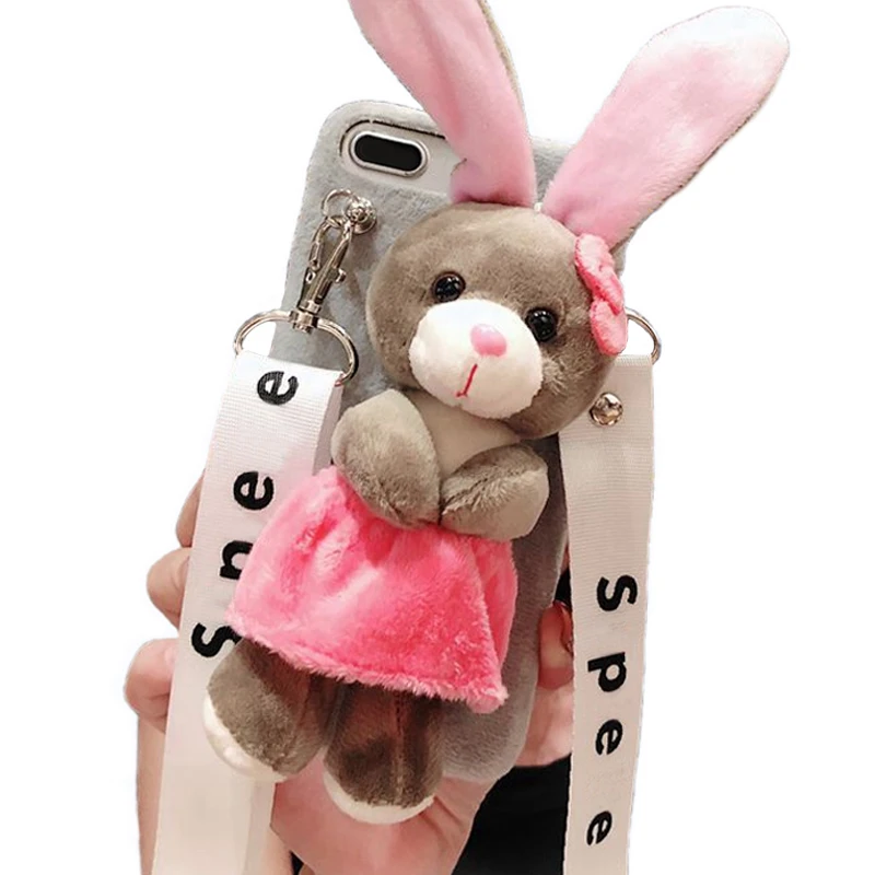 

Cartoon Doll Toy Rabbit Phone Case, 3d Cute Stripes Plush Strap Rabbit Soft Cover with Bracket Stand for iPhone 6 6s Case Cover