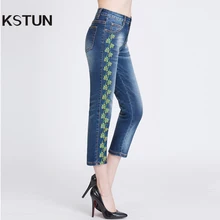 KSTUN,, модные женские джинсы, тонкие, прямые, высокая талия, Emboridered, цветочные, летние, тонкие брюки, стрейчевые, повседневные, женские брюки 36