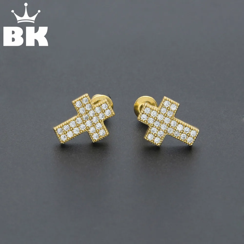 Хип-хоп роскошный кристалл крест серьги золотые тона Cz кубический циркон стад серьги Для женщин Для мужчин Brincos Bijoux букле d'oreille