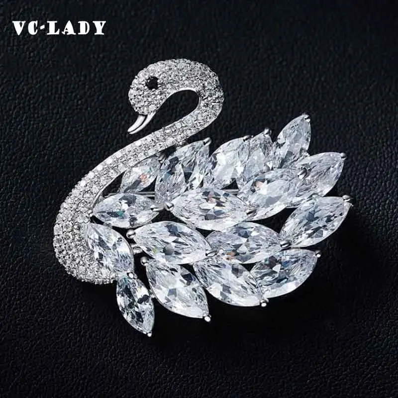 

VC-LADY New Full Silver White Purple Crystal Swan Rhinesto Brooch Pin Dress Decoration Buckle Pin Jewelry Brooches For Women