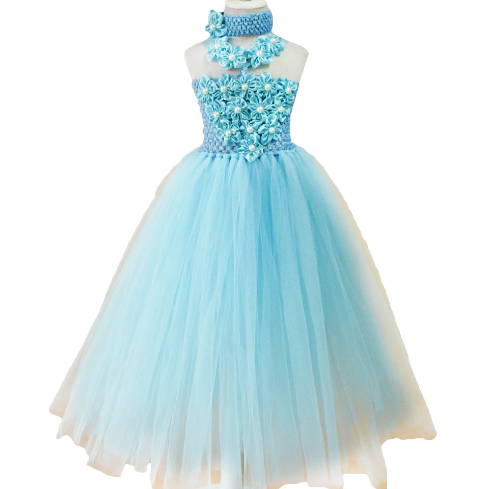 2015 new summer style baby blue flower party tutu dresses wedding