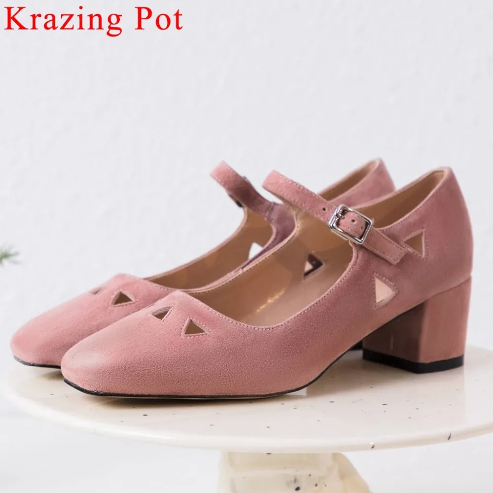 

Krazing Pot plus size simple style chunky heels buckle strap solid art design kid suede young girl dating party women pumps L10