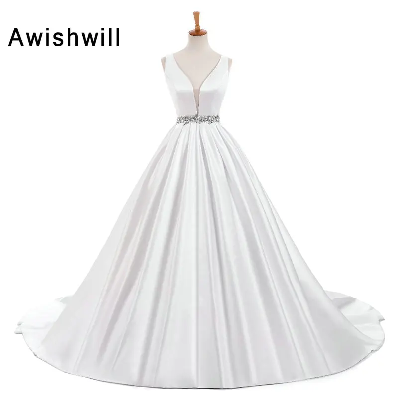 Real Photo Deep V necl Beadings Sleeveless Open Back Satin font b Wedding b font Dress