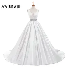 Real Photo Deep V necl Beadings Sleeveless Open Back Satin font b Wedding b font Dress