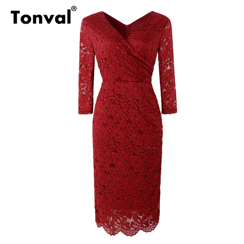 

Tonval Red Elegant Floral Lace Office Lady Pencil Dress Elegant Workwear 2019 Women 3/4 Sleeve Bodycon Sheath Dresses